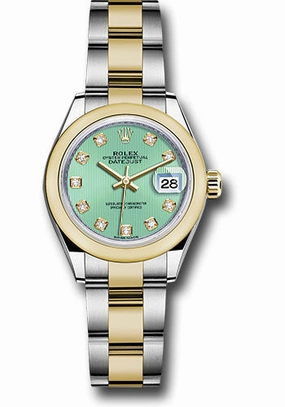 Rolex Steel and Yellow Gold Rolesor Lady-Datejust 28 Watch - Domed Bezel - Mint Green Diamond Dial - Oyster Bracelet - 279163 mgdo 