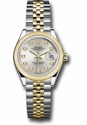 Rolex Steel and Yellow Gold Rolesor Lady-Datejust 28 Watch - Domed Bezel - Silver Diamond Dial - Jubilee Bracelet - 279163 sdj 