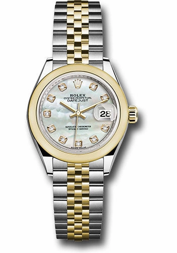Rolex Steel and Yellow Gold Rolesor Lady-Datejust 28 Watch - Domed Bezel - White Mother-Of-Pearl Diamond Dial - Jubilee Bracelet - 279163 mdj 