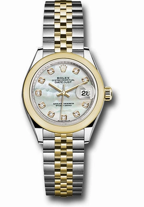 Rolex Steel and Yellow Gold Rolesor Lady-Datejust 28 Watch - Domed Bezel - White Mother-Of-Pearl Diamond Dial - Jubilee Bracelet - 279163 mdj 