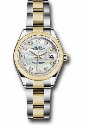 Rolex Steel and Yellow Gold Rolesor Lady-Datejust 28 Watch - Domed Bezel - White Mother-Of-Pearl Diamond Dial - Oyster Bracelet - 279163 mdo 