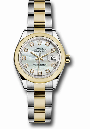 Rolex Steel and Yellow Gold Rolesor Lady-Datejust 28 Watch - Domed Bezel - White Mother-Of-Pearl Diamond Dial - Oyster Bracelet - 279163 mdo 