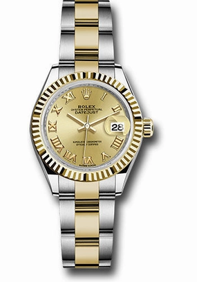 Rolex Steel and Yellow Gold Rolesor Lady-Datejust 28 Watch - Fluted Bezel - Champagne Roman Dial - Oyster Bracelet - 279173 chro 