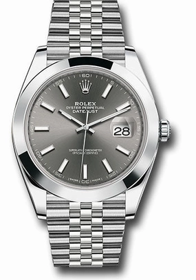 Rolex Steel Datejust 41 Watch - Smooth Bezel - Dark Rhodium Index Dial - Jubilee Bracelet - 126300 dkrij 