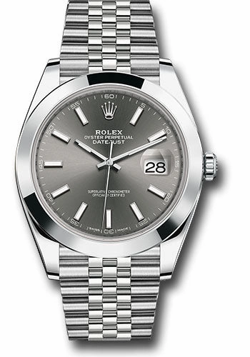 Rolex Steel Datejust 41 Watch - Smooth Bezel - Dark Rhodium Index Dial - Jubilee Bracelet - 126300 dkrij 