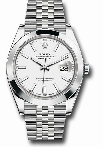 Rolex Steel Datejust 41 Watch - Smooth Bezel - White Index Dial - Jubilee Bracelet - 126300 wij 