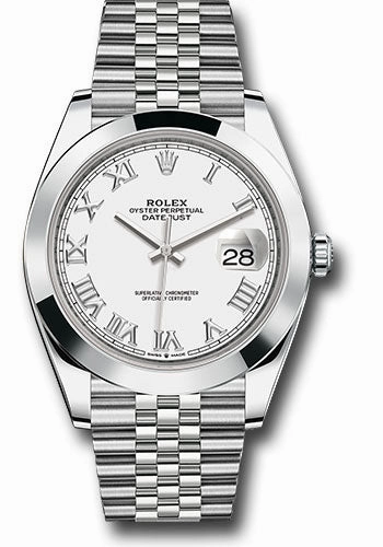 Rolex Steel Datejust 41 Watch - Smooth Bezel - White Roman Dial - Jubilee Bracelet - 126300 wrj 
