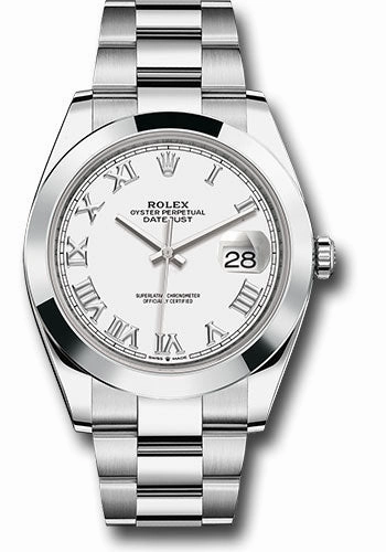Rolex Steel Datejust 41 Watch - Smooth Bezel - White Roman Dial - Oyster Bracelet - 126300 wro 