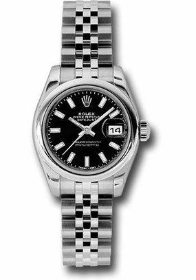 Rolex Steel Lady-Datejust 26 Watch - Domed Bezel - Black Index Dial - Jubilee Bracelet - 179160 bksj 