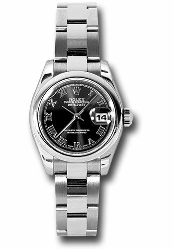 Rolex Steel Lady-Datejust 26 Watch - Domed Bezel - Black Roman Dial - Oyster Bracelet - 179160 bkro 
