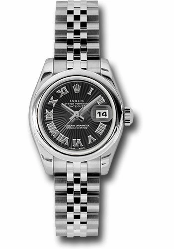 Rolex Steel Lady-Datejust 26 Watch - Domed Bezel - Black Sunbeam Roman Dial - Jubilee Bracelet - 179160 bksbrj 
