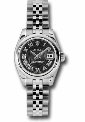 Rolex Steel Lady-Datejust 26 Watch - Domed Bezel - Black Sunbeam Roman Dial - Jubilee Bracelet - 179160 bksbrj 