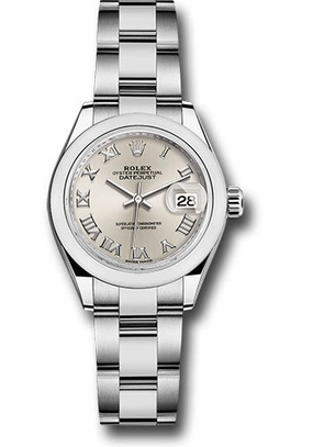 Rolex Steel Lady-Datejust 28 Watch - Domed Bezel - Silver Roman Dial - Oyster Bracelet - 279160 sro 
