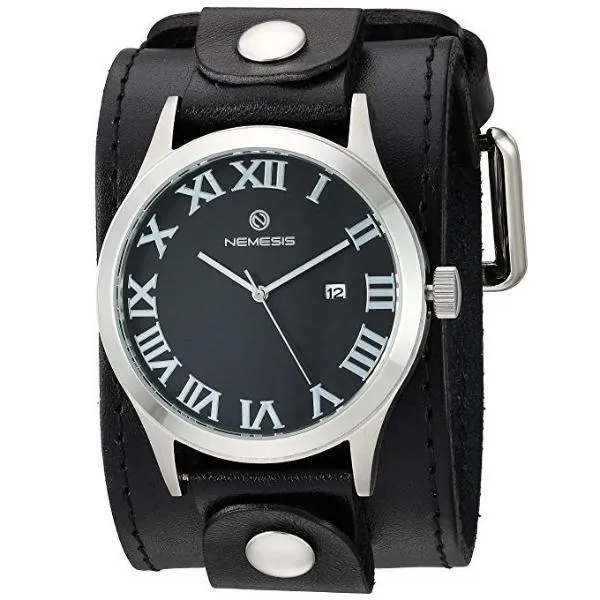 Roman DX Black Watch with Stitched Distressed Black Leather Wide Cuff 