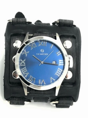 Roman DX Blue Watch with Ring Distressed Charcoal Leather Triple Strap Cuff 