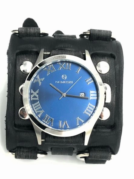Roman DX Blue Watch with Ring Distressed Charcoal Leather Triple Strap Cuff 