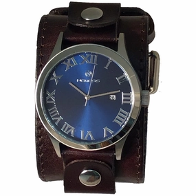 Roman DX Blue Watch with Stitched Dark Leather Wide Cuff 