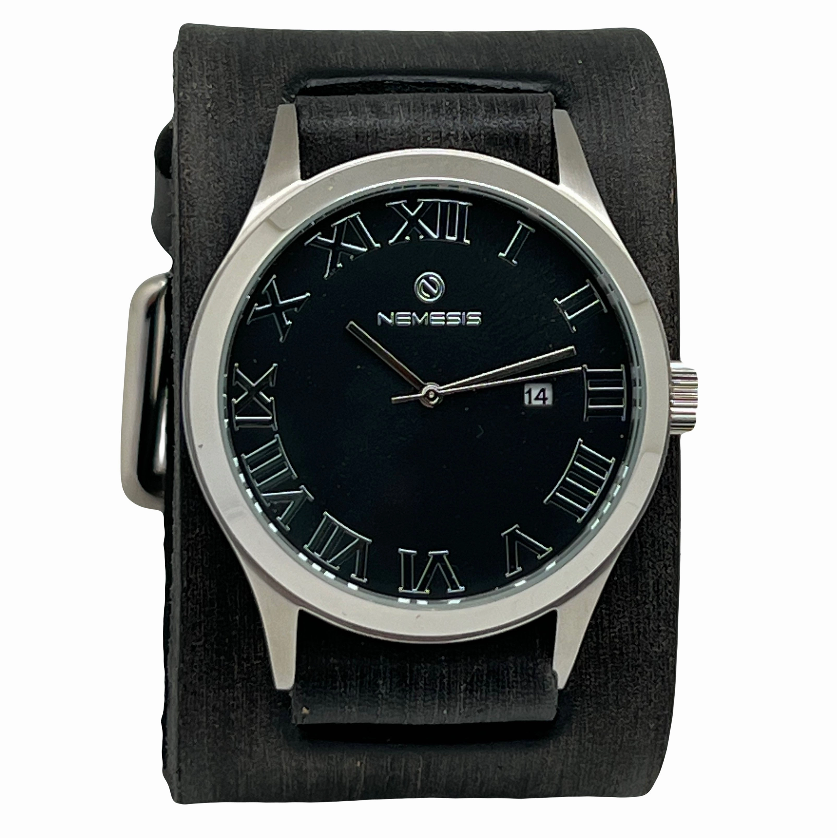 Roman DX with Double X Distressed Black Leather Cuff Watch 