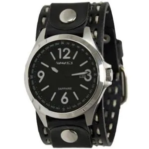Sapphire Crystal Black Watch with Stitched Black Leather Cuff 