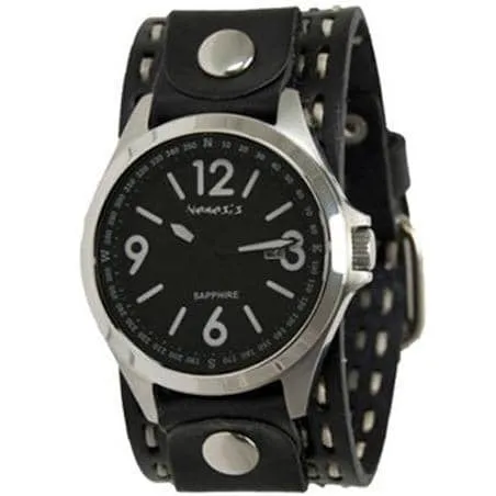 Sapphire Crystal Black Watch with Stitched Black Leather Cuff 