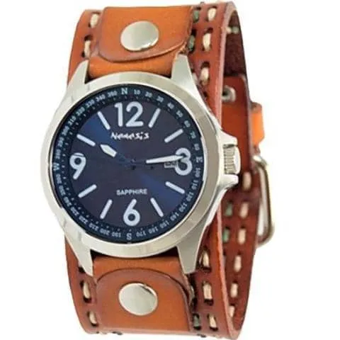 Sapphire Crystal Blue Watch with Stitched Khaki Leather Cuff 
