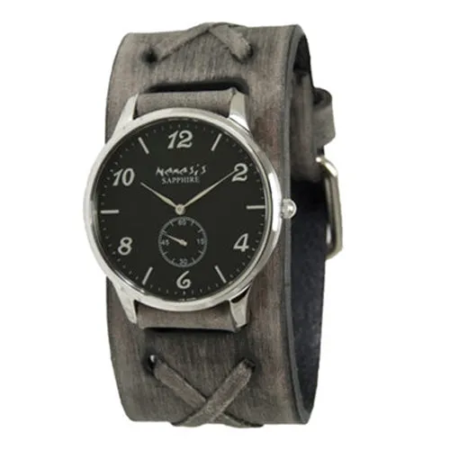 Sapphire Crystal Small Seconds Black Watch with Distressed Charcoal Leather Cuff 