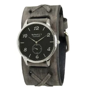Sapphire Crystal Small Seconds Black Watch with Distressed Charcoal Leather Cuff 