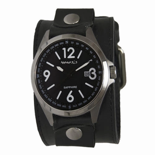 Sapphire Crystal Black Watch with Embossed Black Leather Cuff 