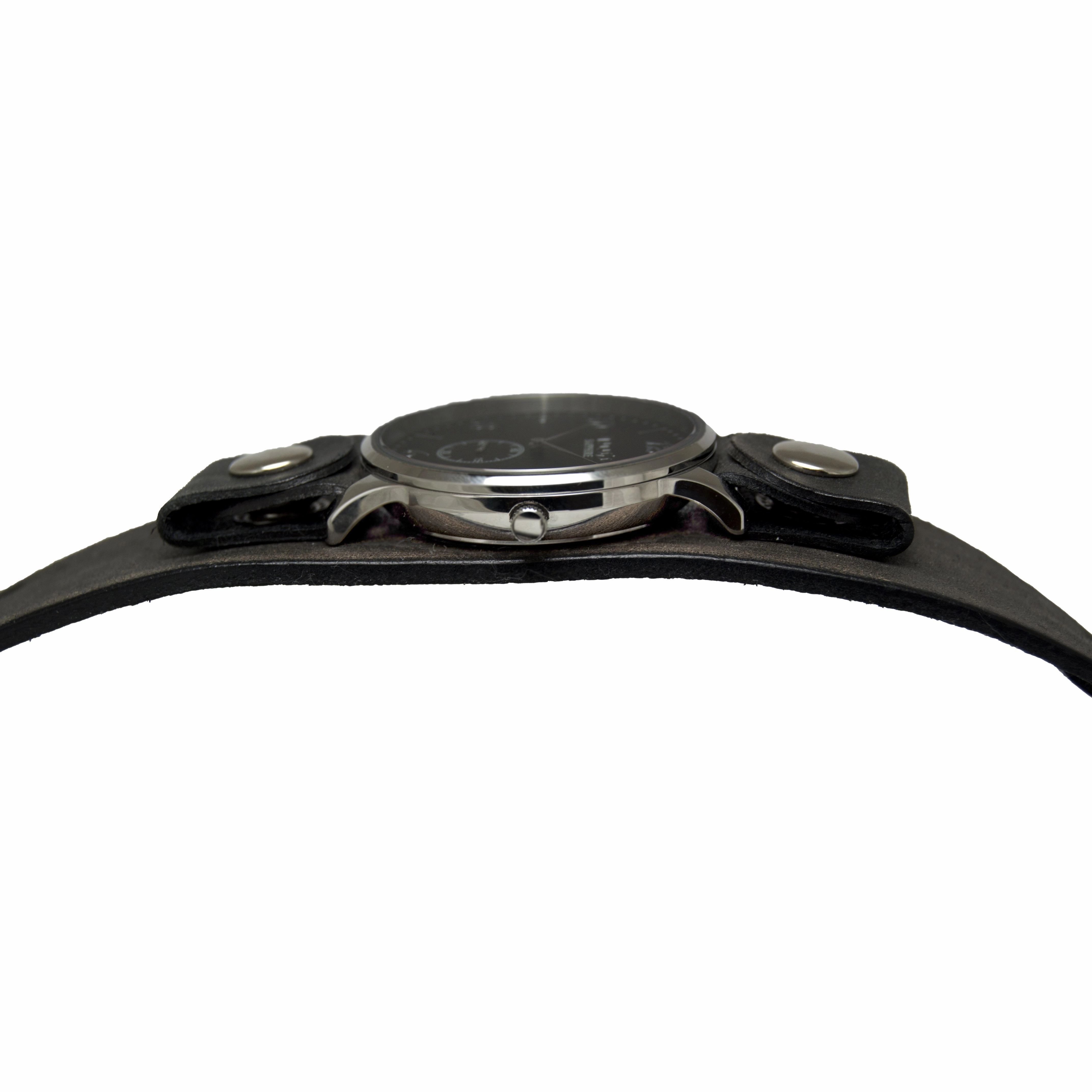 Sapphire Crystal Small Seconds Black Watch with Distressed Black Leather Cuff