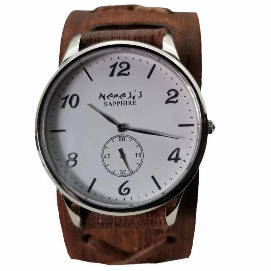 Sapphire Crystal Small Seconds White Watch with Distressed Brown Leather Cuff 