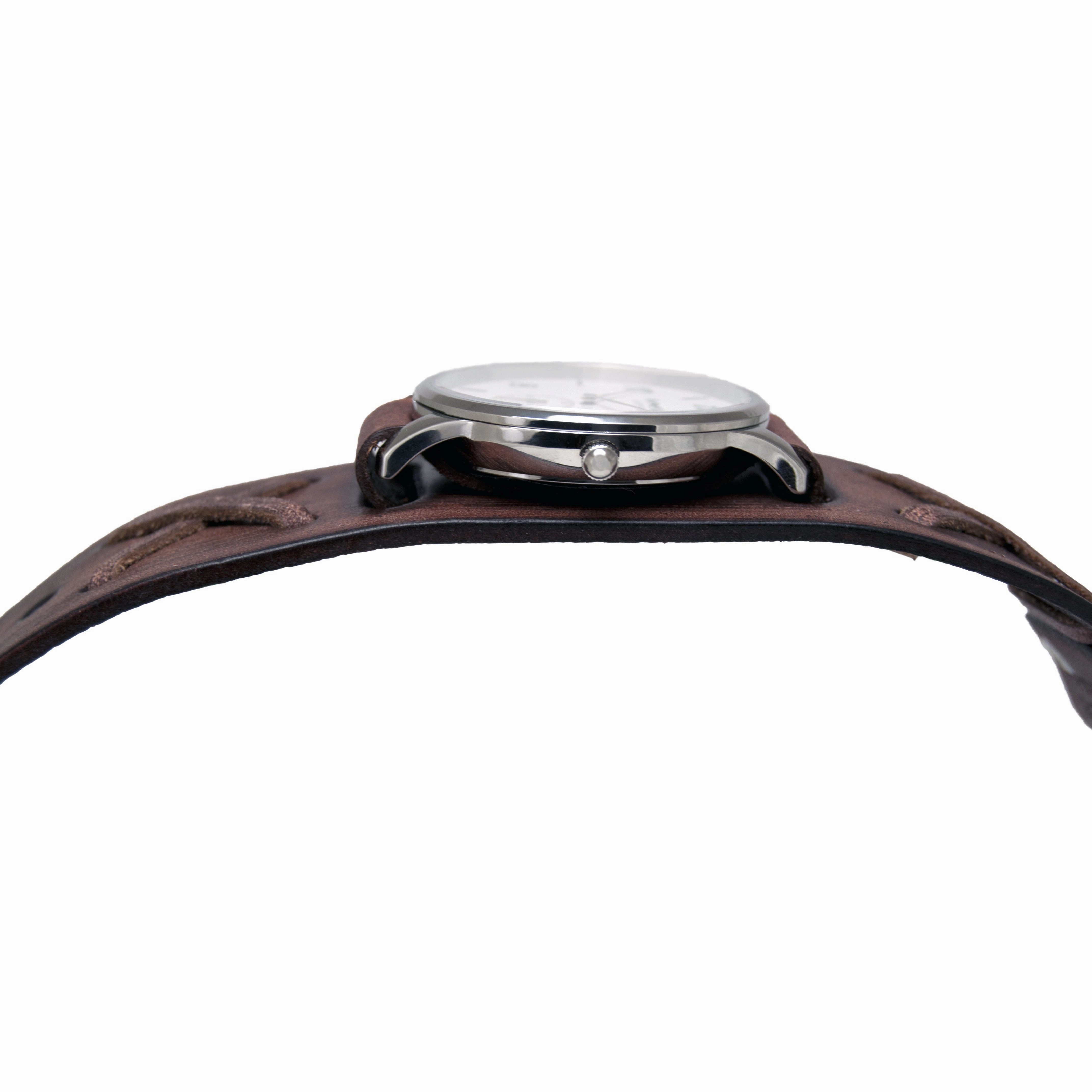 Sapphire Crystal Small Seconds White Watch with Distressed Brown Leather Cuff