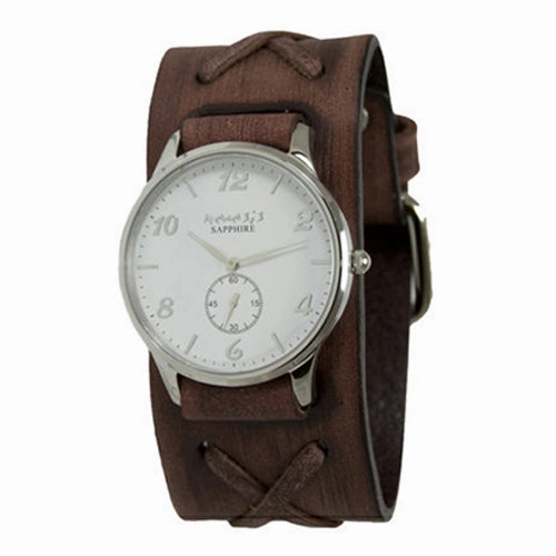 Sapphire Crystal Small Seconds White Watch with Distressed Brown Leather Cuff