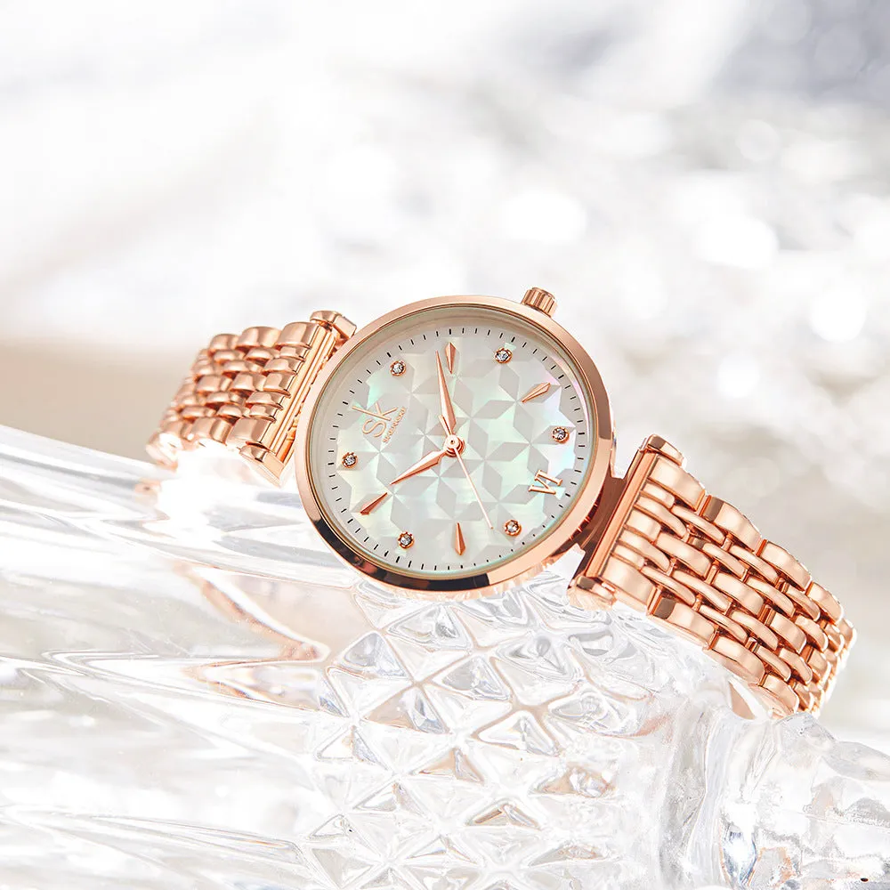 Seven Bead Metal Lady's Shell Face Quartz Watch 