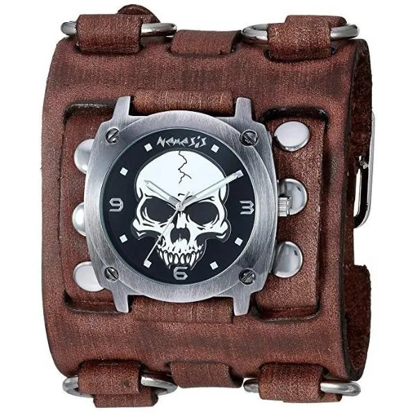 Skull Black Watch with Bullet Ring Distressed Brown Leather Ring Triple Strap Cuff 