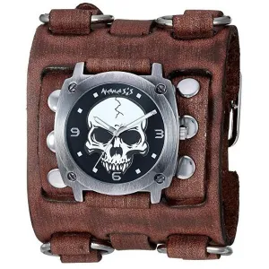Skull Black Watch with Bullet Ring Distressed Brown Leather Ring Triple Strap Cuff 