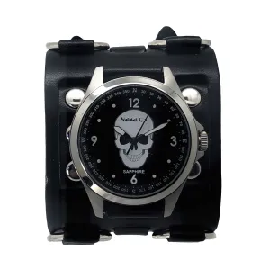 Skull Sapphire Crystal Black Watch with Perforated Black Leather Cuff 