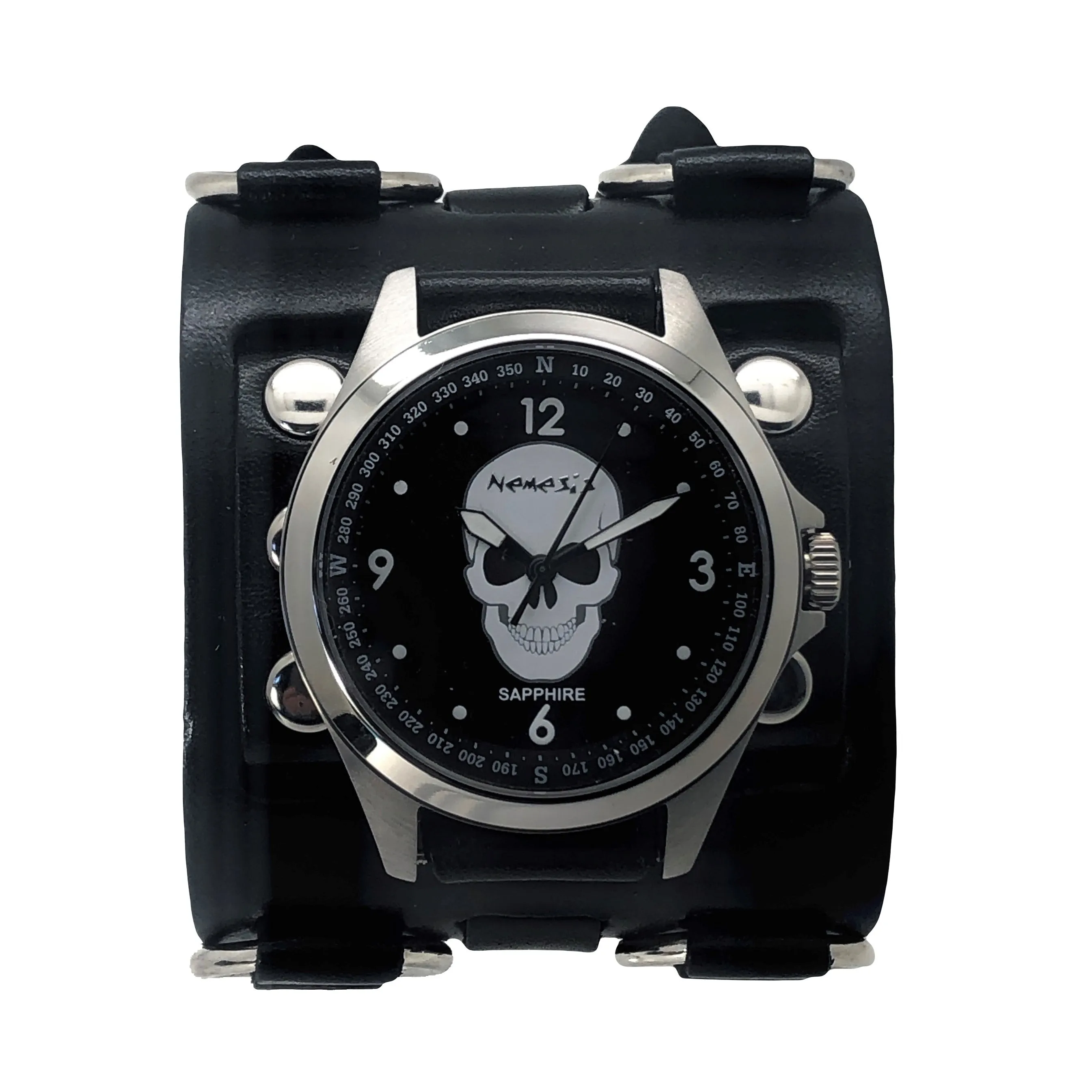 Skull Sapphire Crystal Black Watch with Perforated Black Leather Cuff 