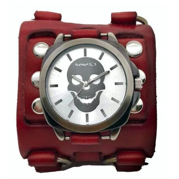 Skull Silver Watch with Studded Ring Distressed Red Leather Triple Strap Cuff 