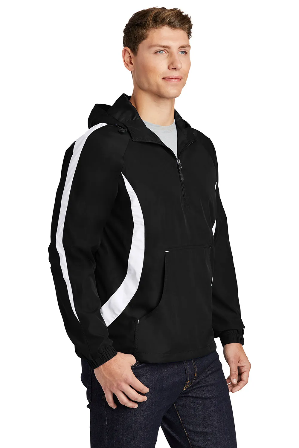 Sport-Tek Mens 1/4 Zip Hooded Jacket - Black/White