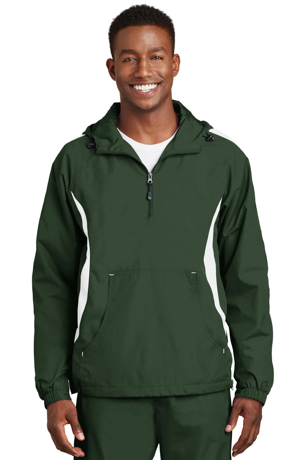 Sport-Tek Mens 1/4 Zip Hooded Jacket - Forest Green/White - Closeout
