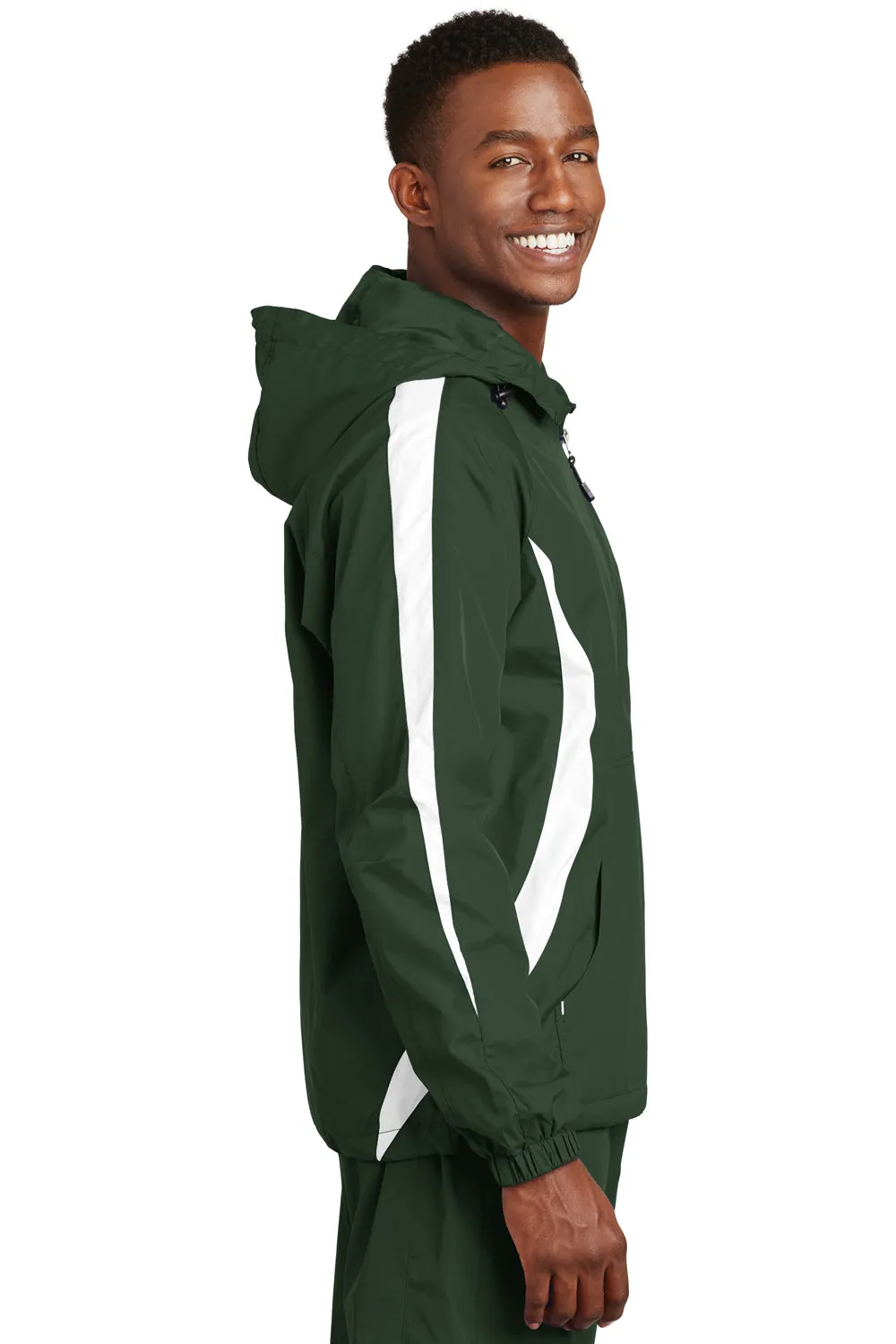 Sport-Tek Mens 1/4 Zip Hooded Jacket - Forest Green/White - Closeout
