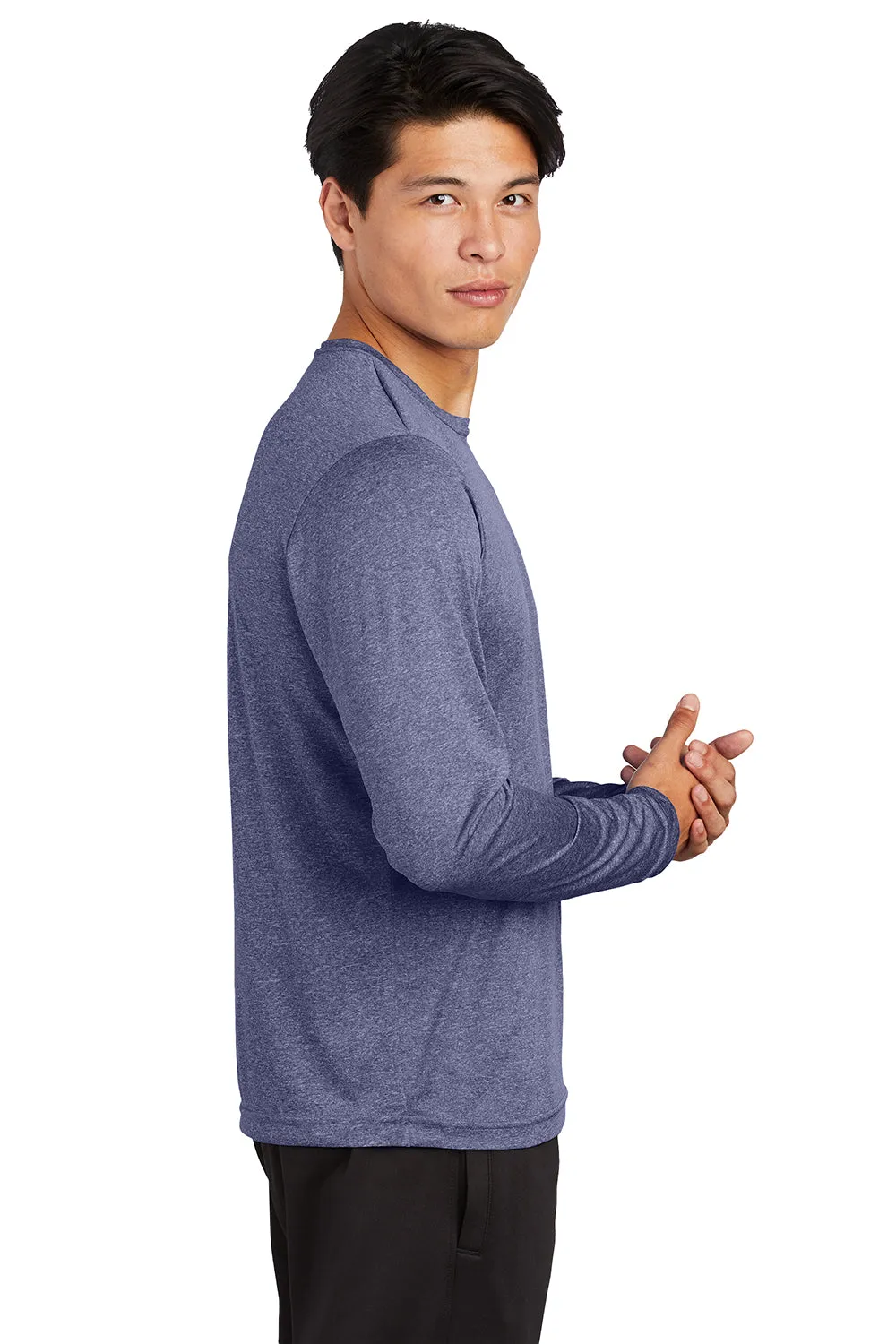 Sport-Tek Mens Contender Heather Moisture Wicking Long Sleeve Crewneck T-Shirt - Heather True Navy Blue Clothing Sport-Tek