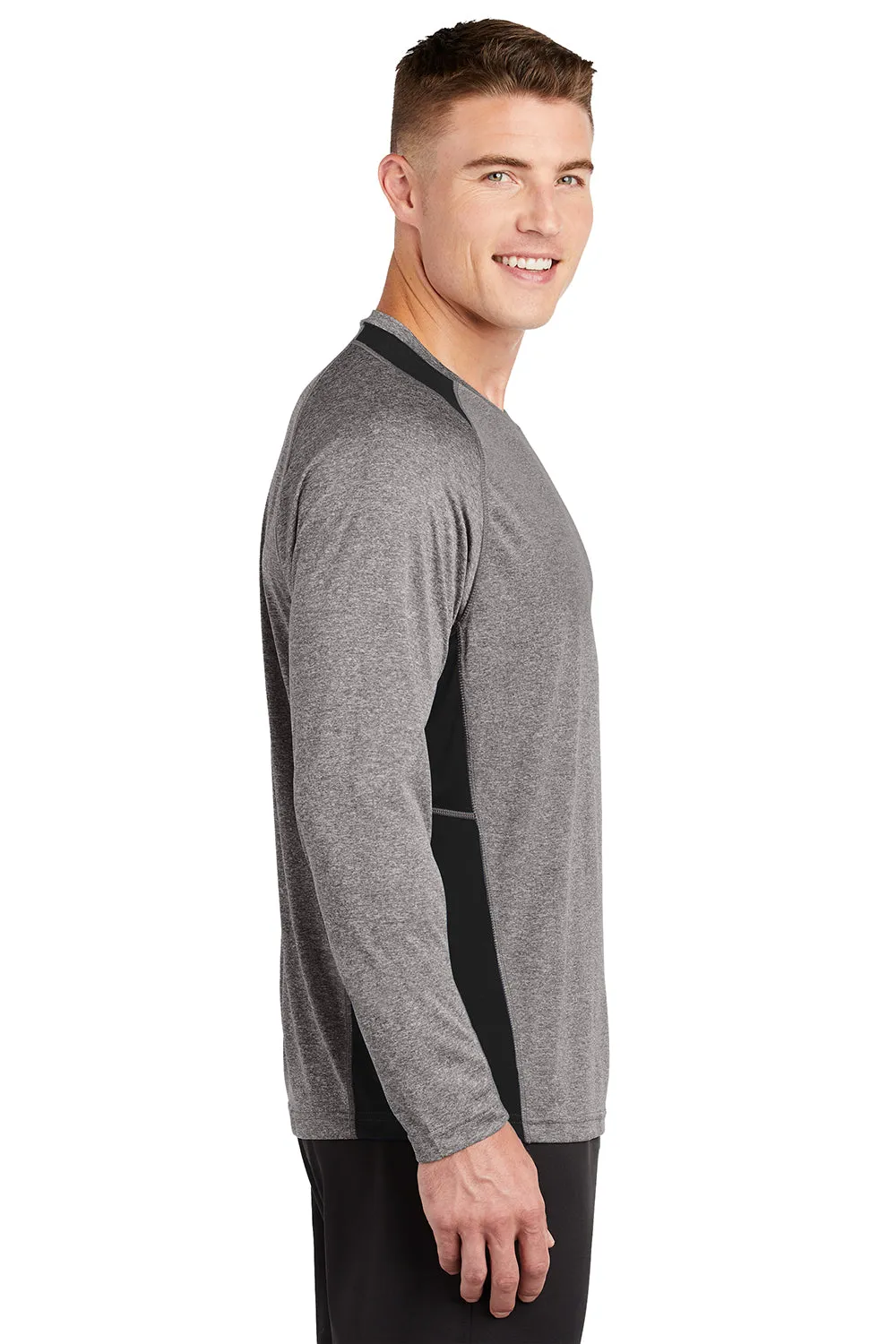Sport-Tek Mens Contender Heather Moisture Wicking Long Sleeve Crewneck T-Shirt - Heather Vintage Grey/Black Clothing Sport-Tek