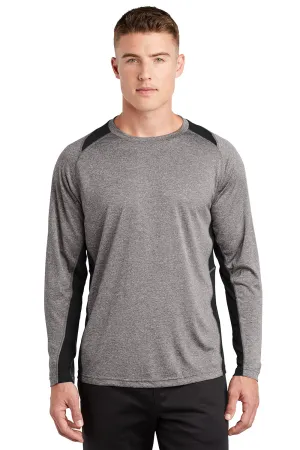 Sport-Tek Mens Contender Heather Moisture Wicking Long Sleeve Crewneck T-Shirt - Heather Vintage Grey/Black Clothing Sport-Tek