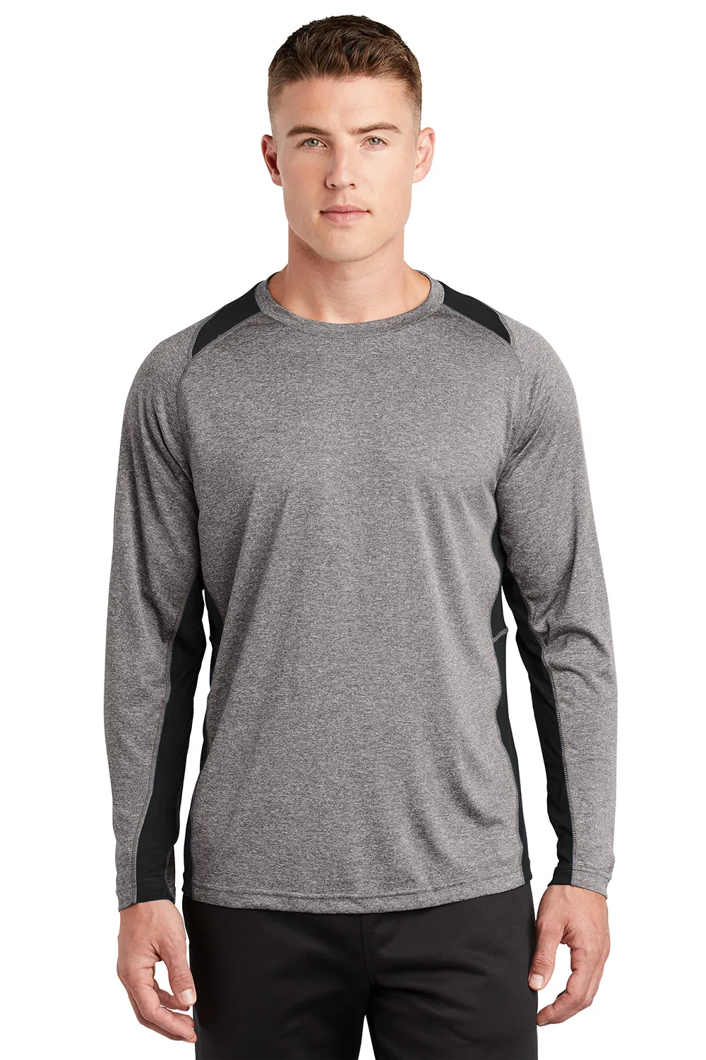 Sport-Tek Mens Contender Heather Moisture Wicking Long Sleeve Crewneck T-Shirt - Heather Vintage Grey/Black Clothing Sport-Tek