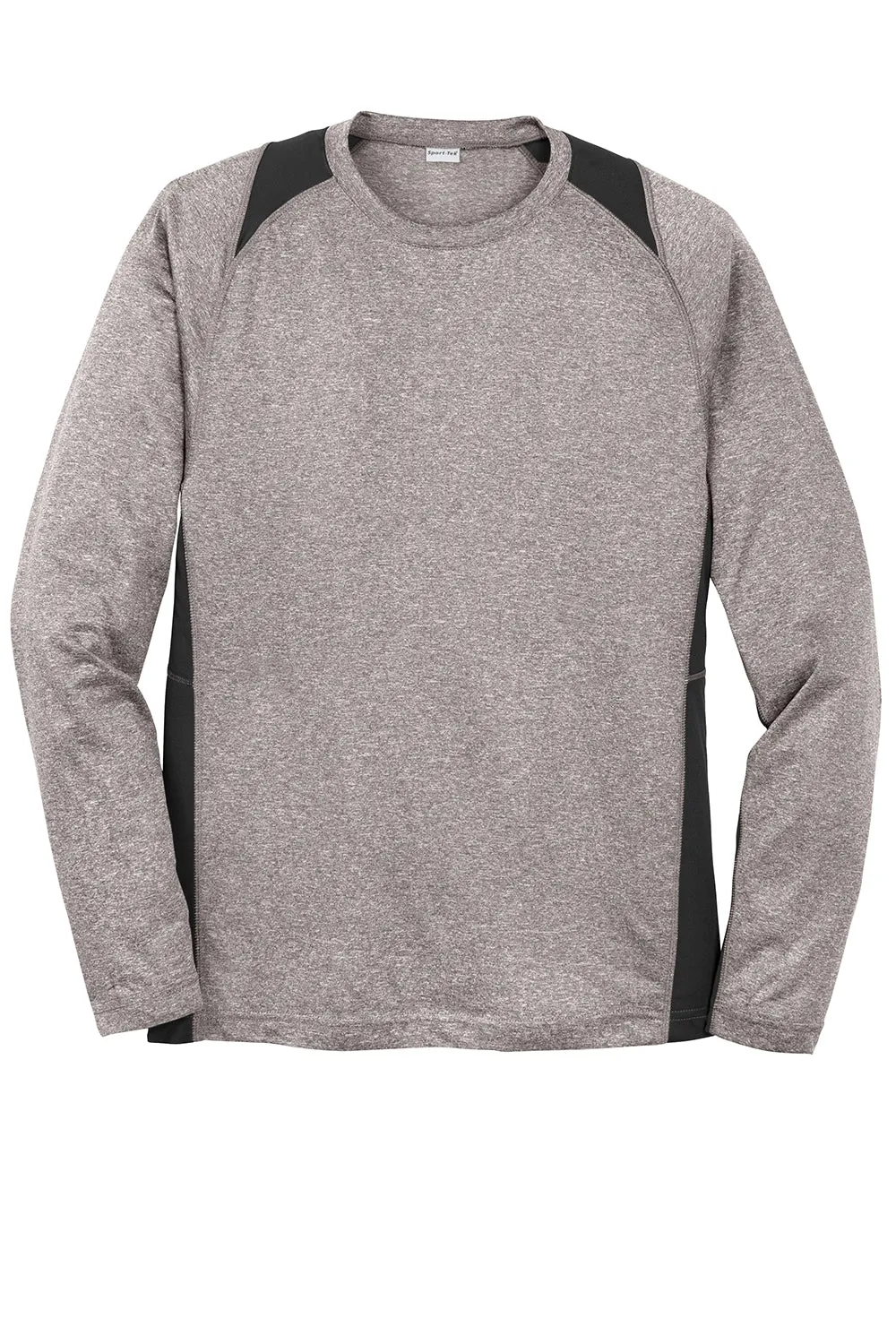 Sport-Tek Mens Contender Heather Moisture Wicking Long Sleeve Crewneck T-Shirt - Heather Vintage Grey/Black Clothing Sport-Tek