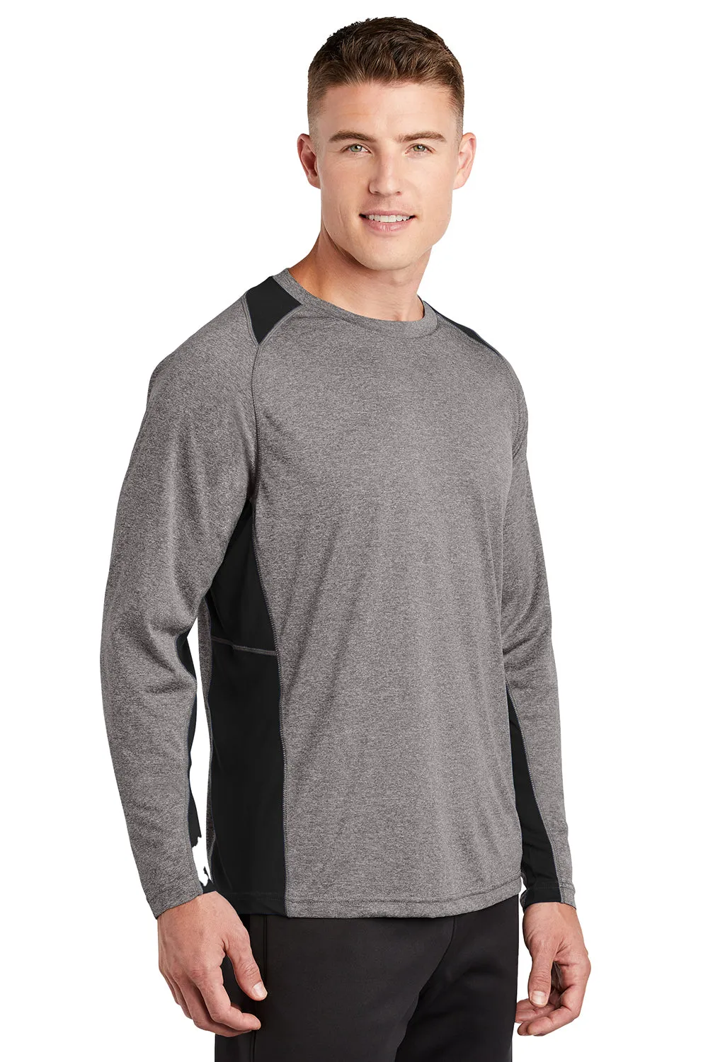 Sport-Tek Mens Contender Heather Moisture Wicking Long Sleeve Crewneck T-Shirt - Heather Vintage Grey/Black Clothing Sport-Tek