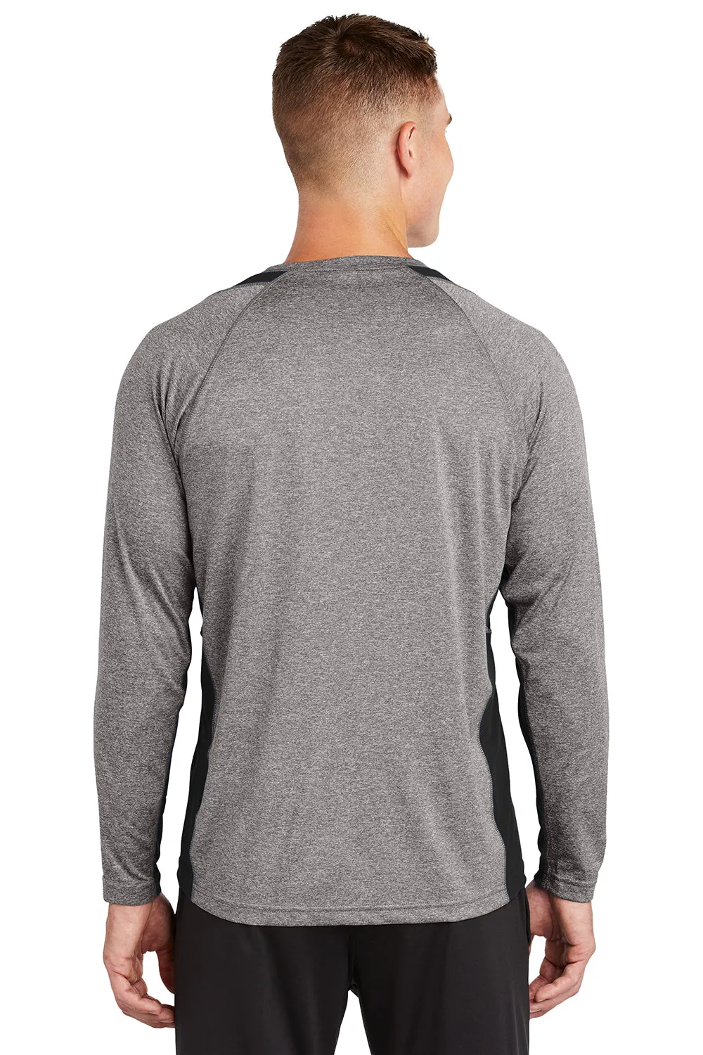 Sport-Tek Mens Contender Heather Moisture Wicking Long Sleeve Crewneck T-Shirt - Heather Vintage Grey/Black Clothing Sport-Tek