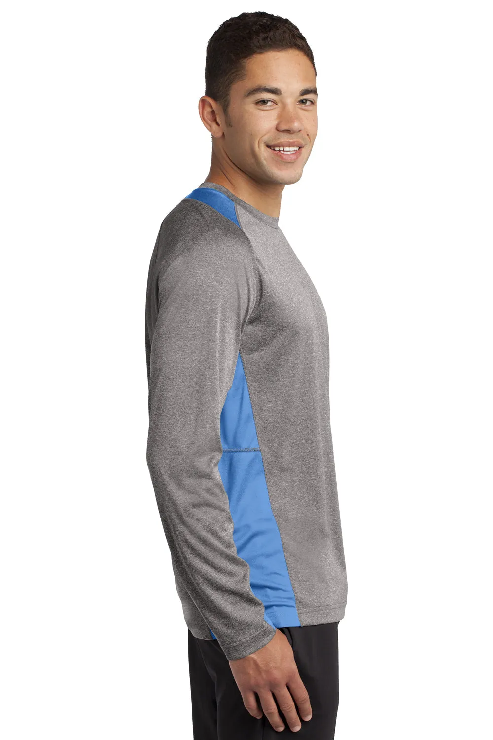 Sport-Tek Mens Contender Heather Moisture Wicking Long Sleeve Crewneck T-Shirt - Heather Vintage Grey/Carolina Blue - Closeout Clothing Sport-Tek
