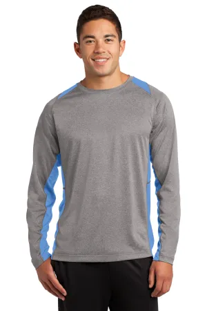 Sport-Tek Mens Contender Heather Moisture Wicking Long Sleeve Crewneck T-Shirt - Heather Vintage Grey/Carolina Blue - Closeout Clothing Sport-Tek